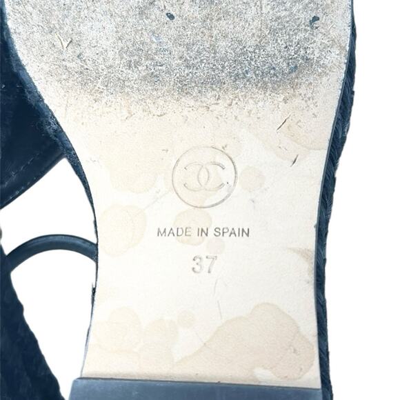 Chanel Lambskin Grosgrain CC Cap Toe Wedge Espadrilles Black Size 37 - Picture 11 of 13